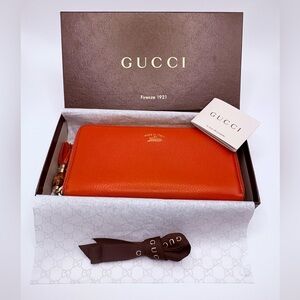 AUTHENTIC Gucci Bamboo Accent Leather Continental Wallet with Box - Tangerine 🧡